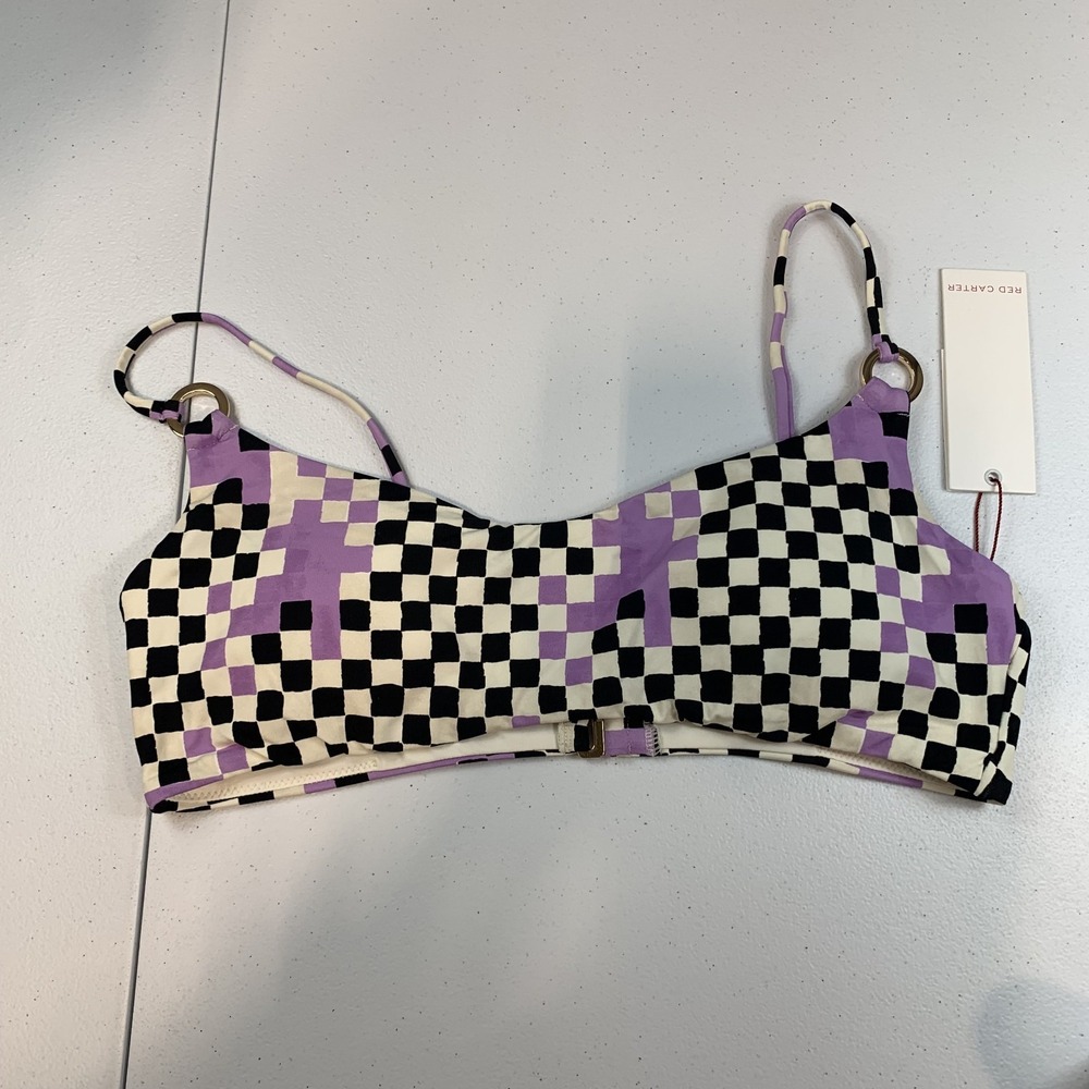 Red Carter Women's Swim Bikini Top L Grace Checkerboard Bandeau Black Purple